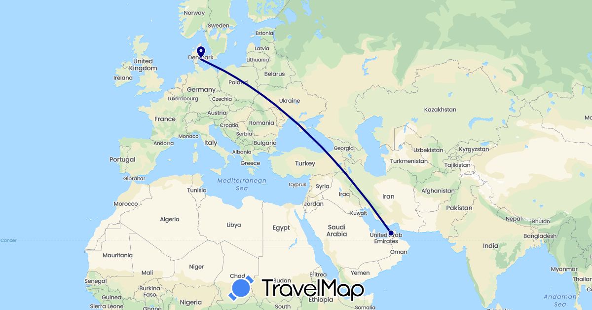 TravelMap itinerary: driving in United Arab Emirates, Denmark (Asia, Europe)